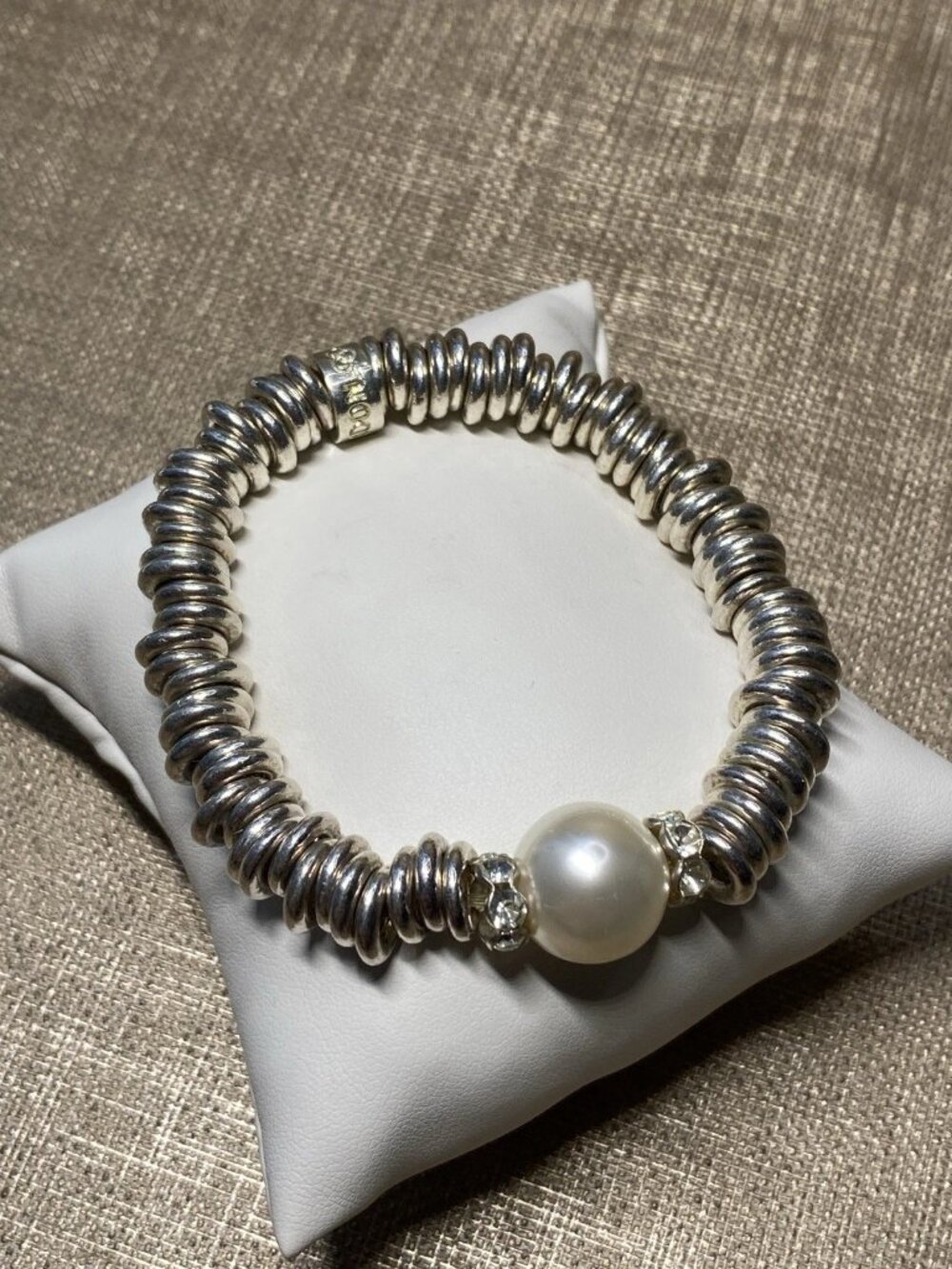Vintage London Links Sterling Silver Coil Bracelet Faux Pearl Rhinestone Stretch